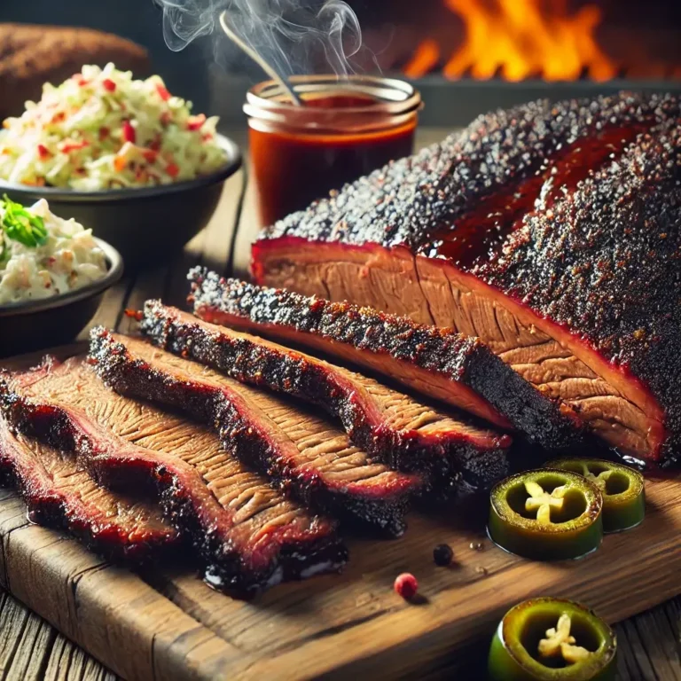 Sliced smoked brisket with a rich chipotle glaze, served on a wooden board alongside creamy coleslaw, grilled jalapeños, and chipotle BBQ sauce.