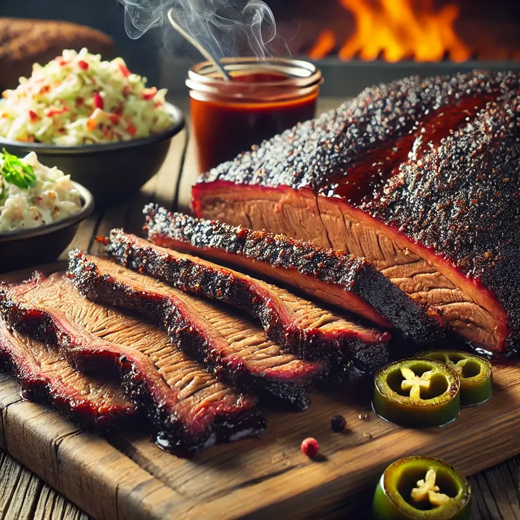 Sliced smoked brisket with a rich chipotle glaze, served on a wooden board alongside creamy coleslaw, grilled jalapeños, and chipotle BBQ sauce.