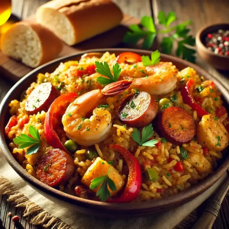 A vibrant bowl of jambalaya featuring seasoned rice mixed with shrimp, chicken, andouille sausage, and bell peppers, garnished with fresh parsley.