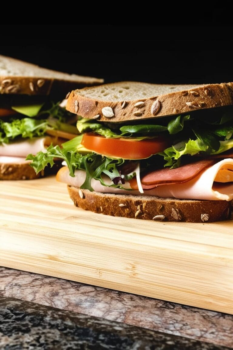 A hearty whole-grain sandwich filled with fresh lettuce, juicy tomato slices, creamy avocado, and deli-style turkey, served on a rustic wooden board with a dark background