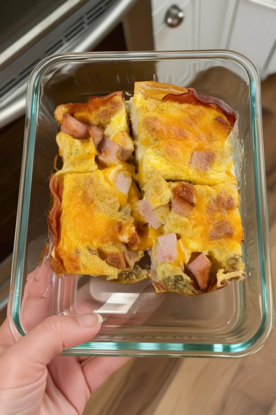 Top-down view of a glass container holding two golden brown slices of baked breakfast casserole with visible ham and cheese chunks, placed in a warm kitchen setting with a hand holding the container.