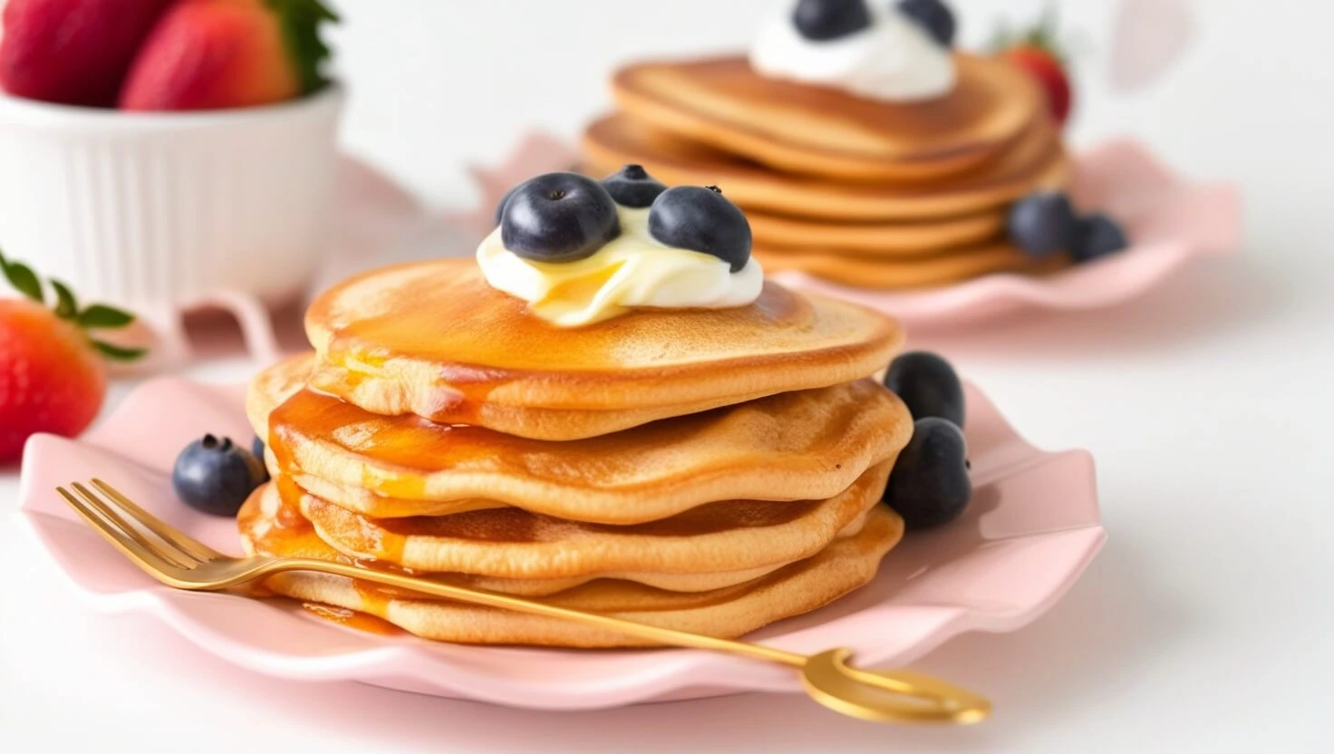 A stack of fluffy golden pancakes topped with whipped cream, blueberries, and syrup on a pink plate, with fresh strawberries in the background.