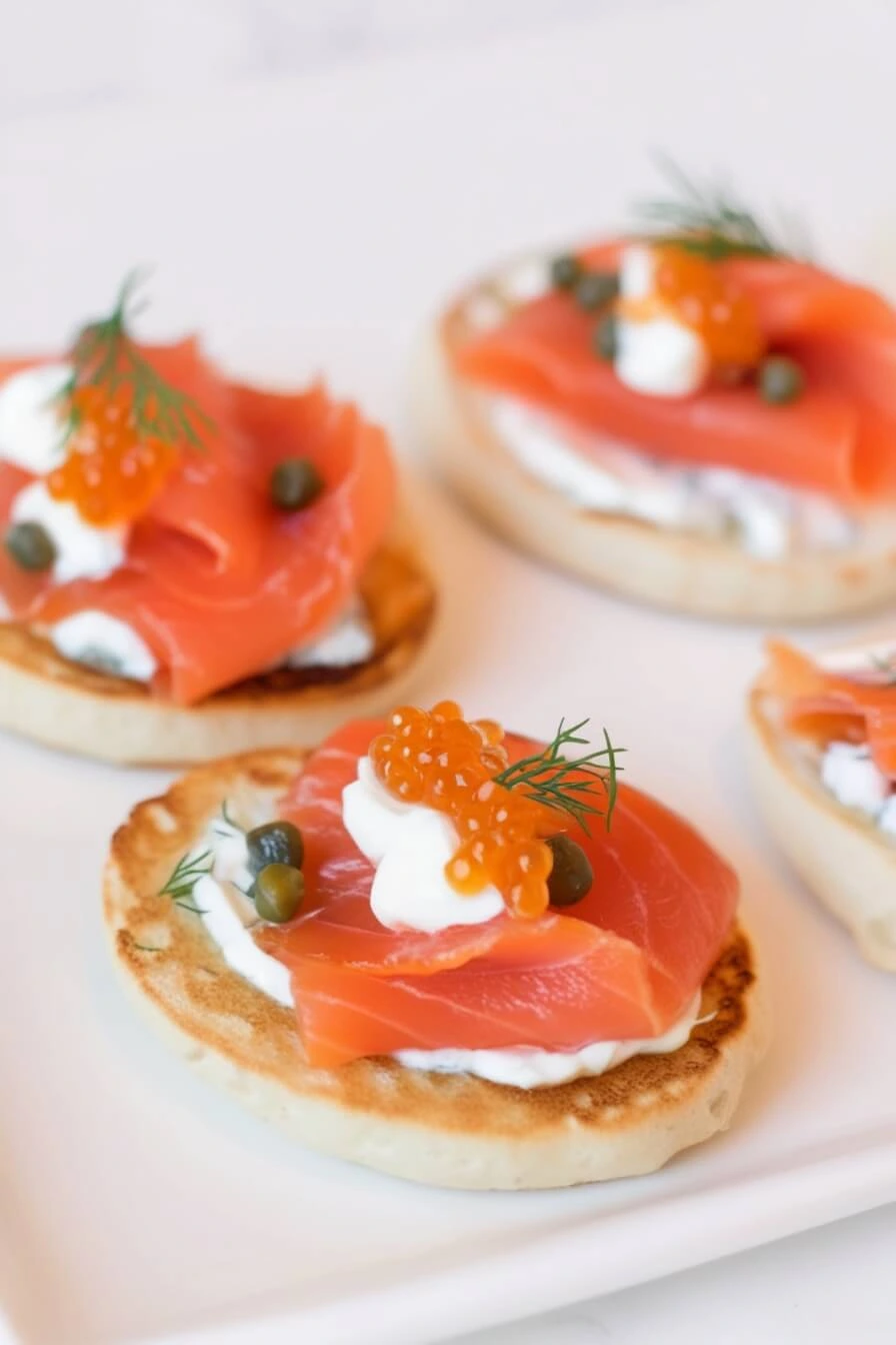 Elegant smoked salmon appetizer with cream cheese, orange caviar, and capers served on toasted blinis, garnished with fresh dill