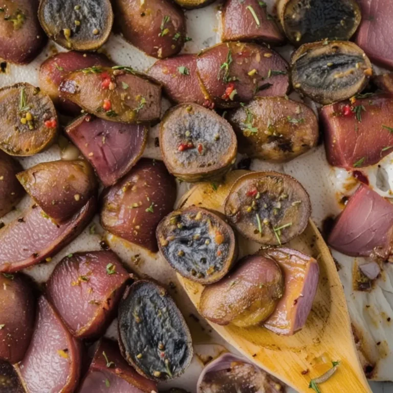 A close-up of roasted purple potatoes, sliced in half, seasoned with herbs and spices, and served on a wooden spoon.