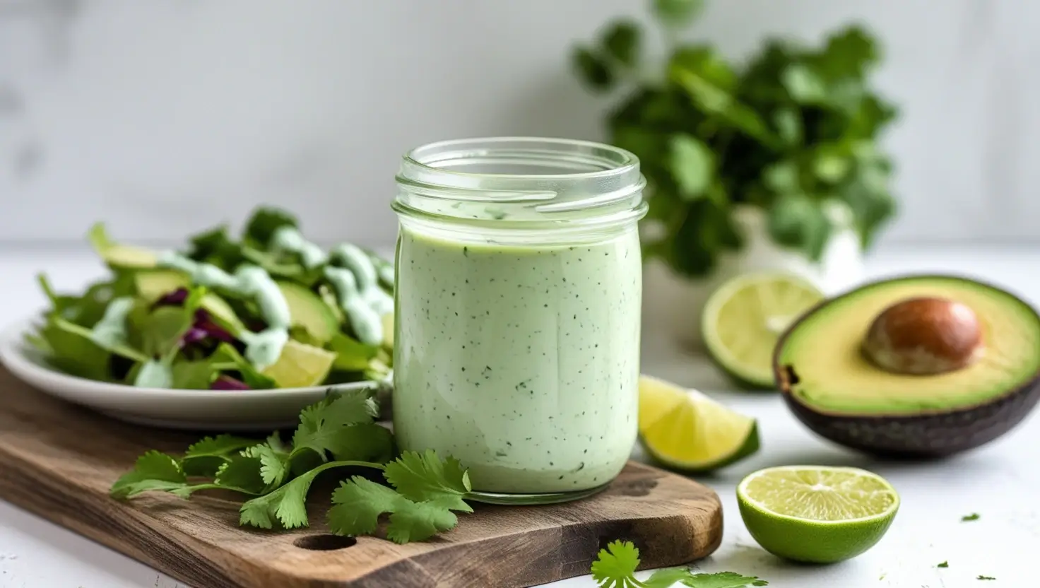 A jar of creamy avocado lime ranch dressing on a wooden board with fresh cilantro, lime slices, and a salad in the background.