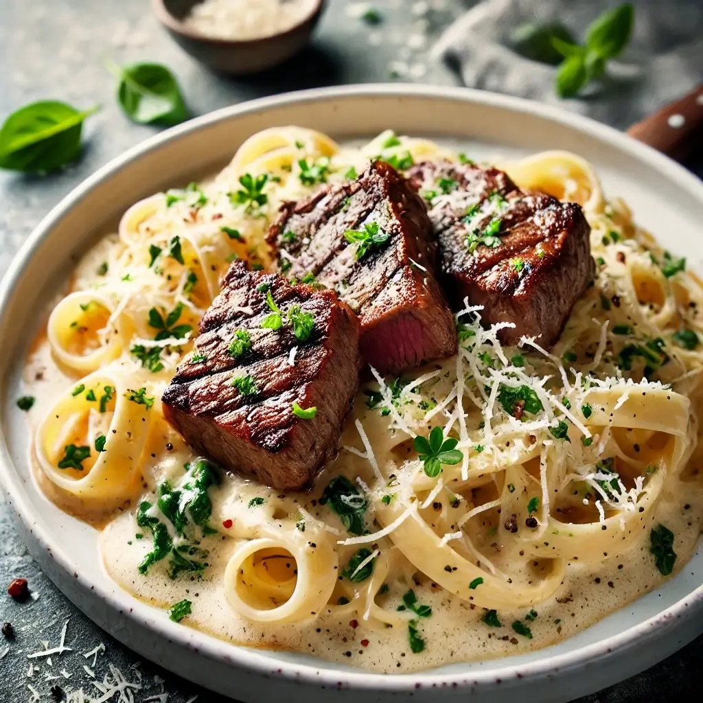 A plate of creamy fettuccine pasta topped with perfectly grilled steak slices, garnished with freshly grated Parmesan cheese and vibrant green herbs.