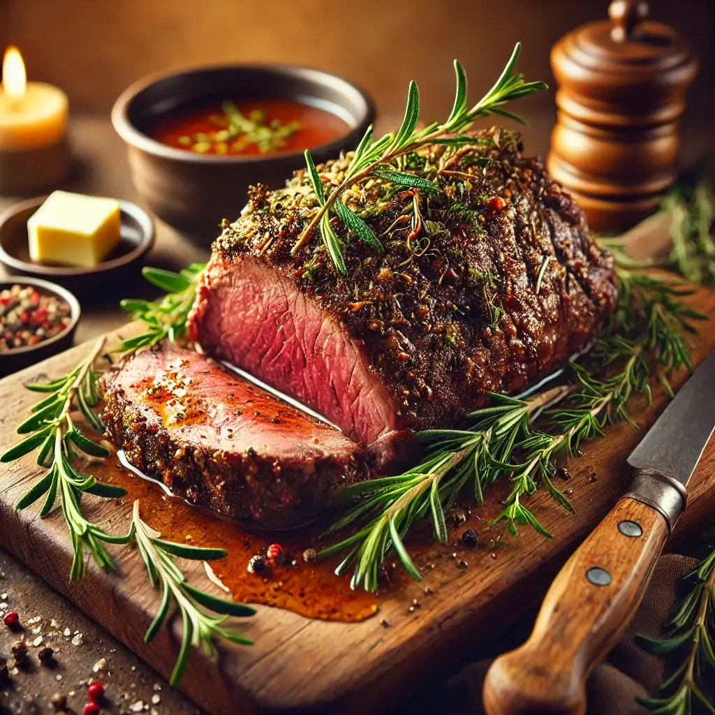 A rustic venison roast served on a wooden platter, garnished with fresh rosemary and thyme, surrounded by a rich, savory sauce.