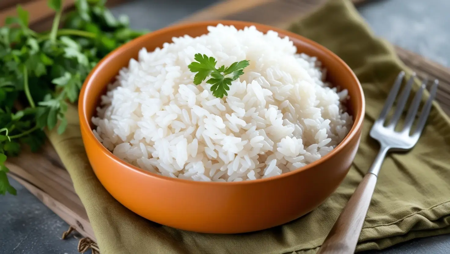 Bowl of fluffy, perfectly cooked rice topped with a sprig of fresh cilantro, served on a green napkin with a fork beside it