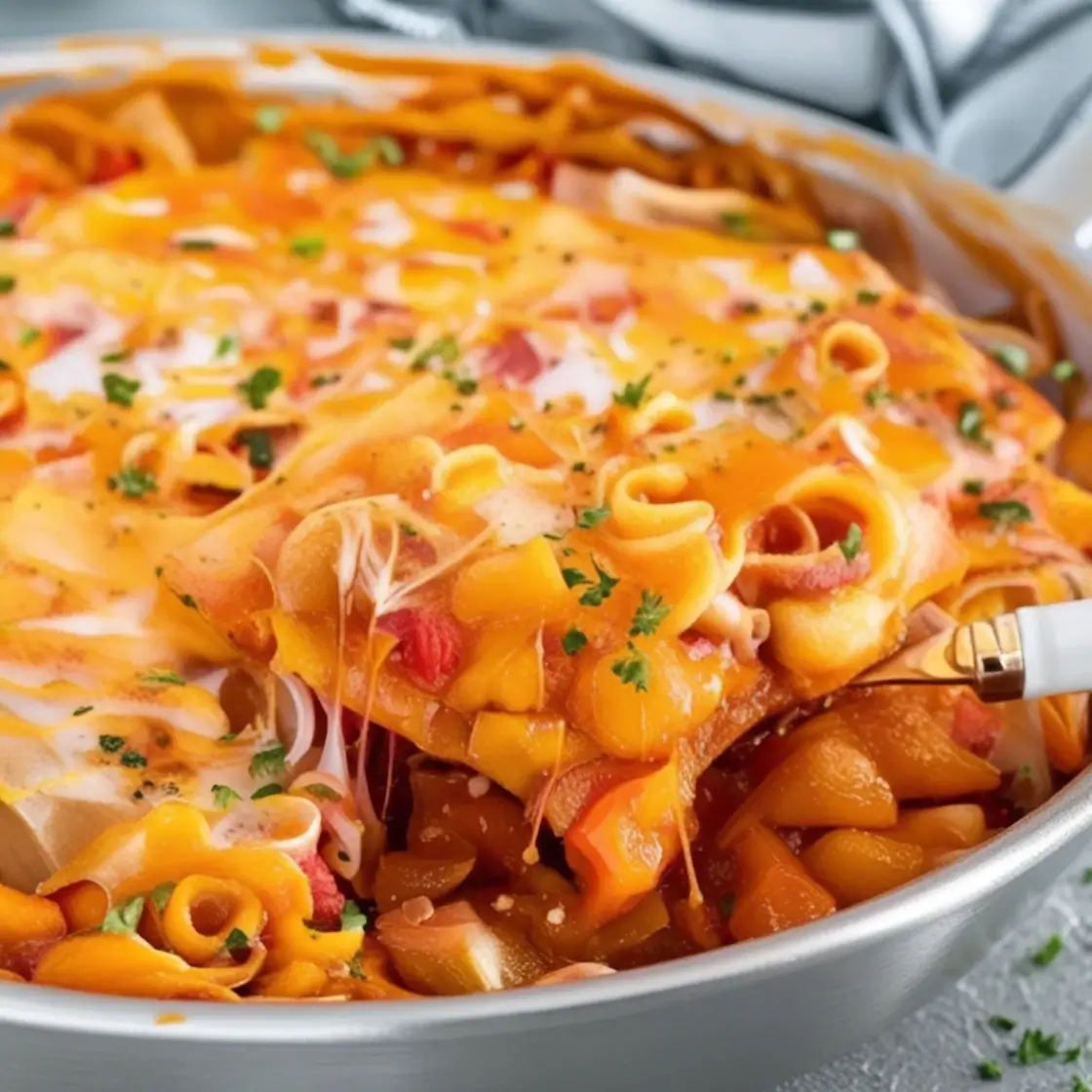 A close-up of a cheesy pasta bake with vibrant orange melted cheese, curly pasta, and garnished with fresh parsley in a skillet.