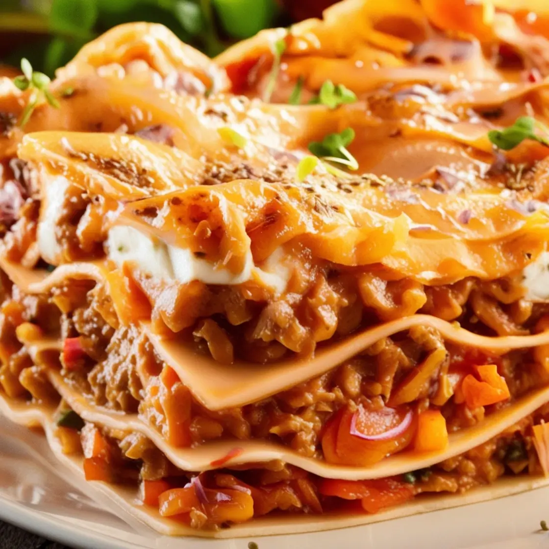 A close-up view of a layered lasagna slice with golden melted cheese, rich meat sauce, and fresh herbs on top, served on a white plate.