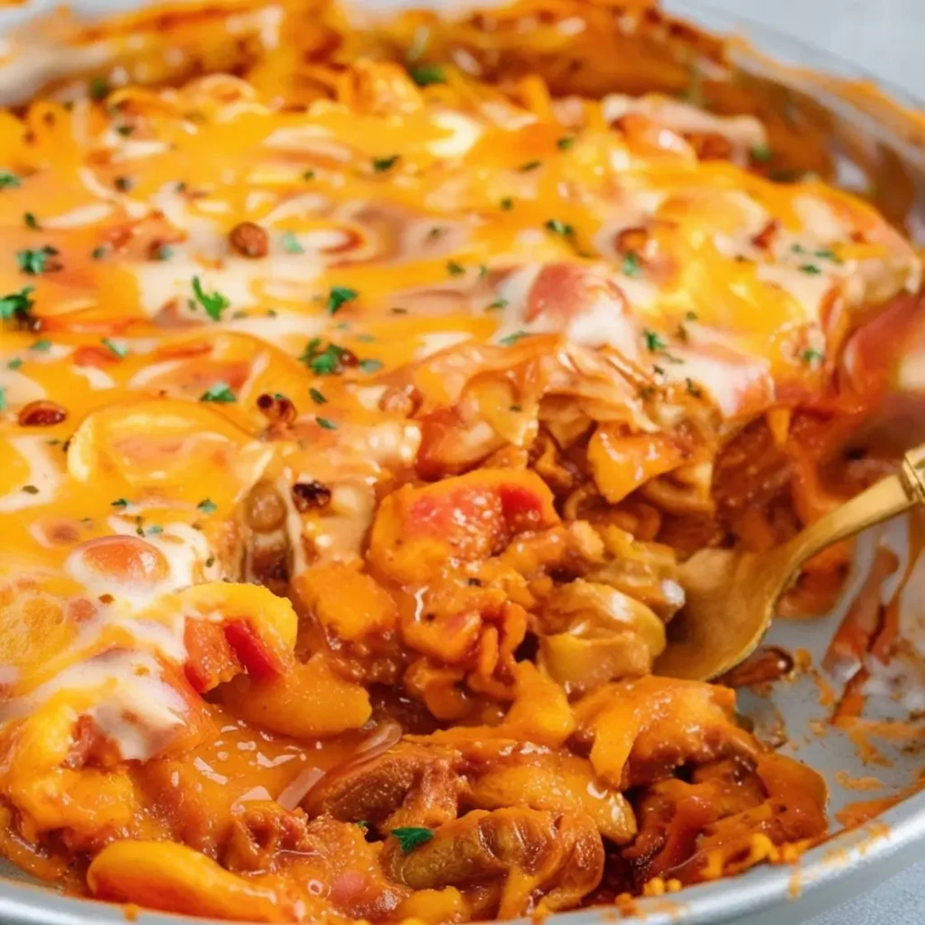 A golden, cheesy pasta bake with layers of pasta, melted cheese, and savory tomato sauce, garnished with parsley and served in a skillet.