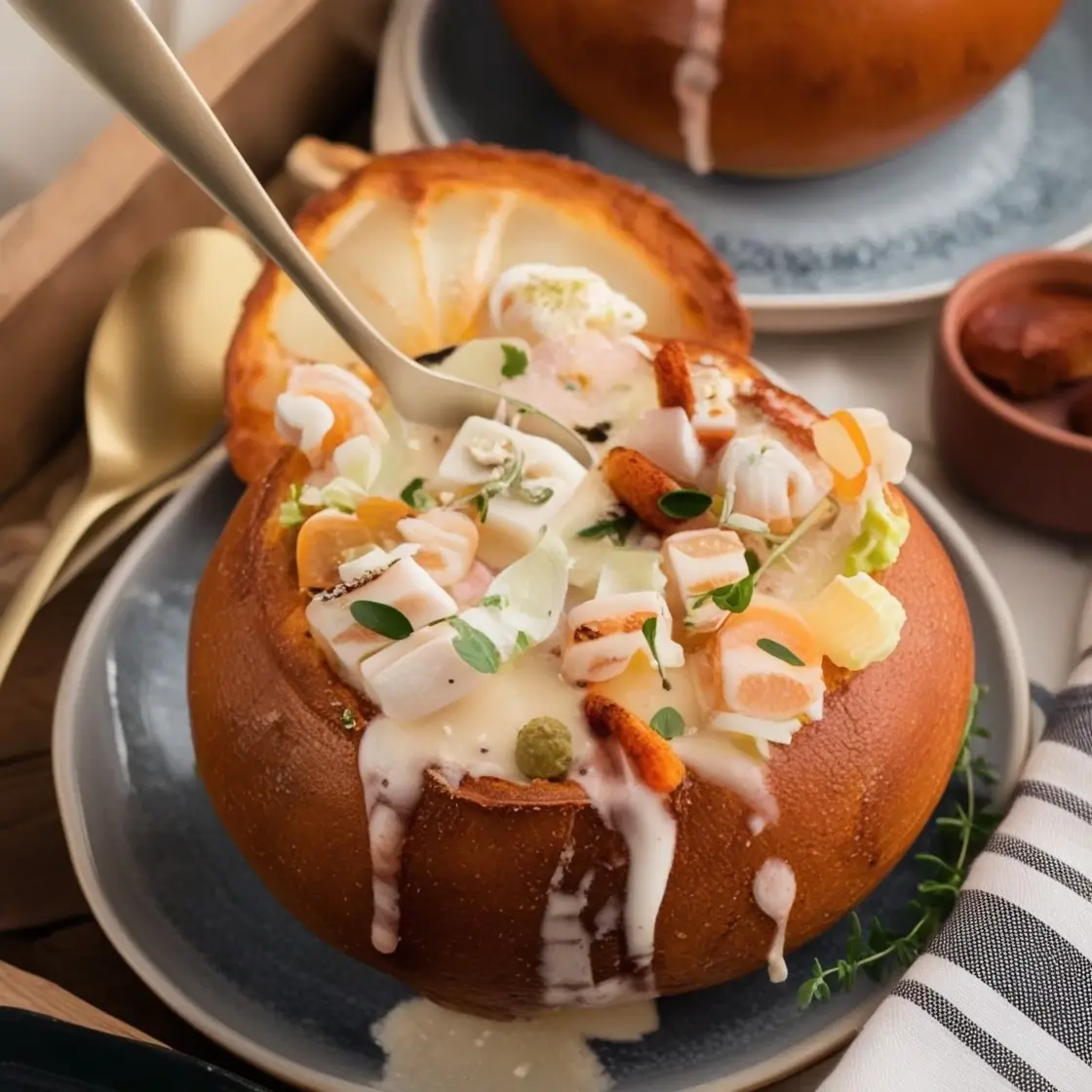 A close-up of a bread bowl filled with creamy soup, garnished with chunks of seafood, fresh herbs, and colorful vegetables. The bread bowl sits on a plate with a gold spoon and a striped napkin beside it.