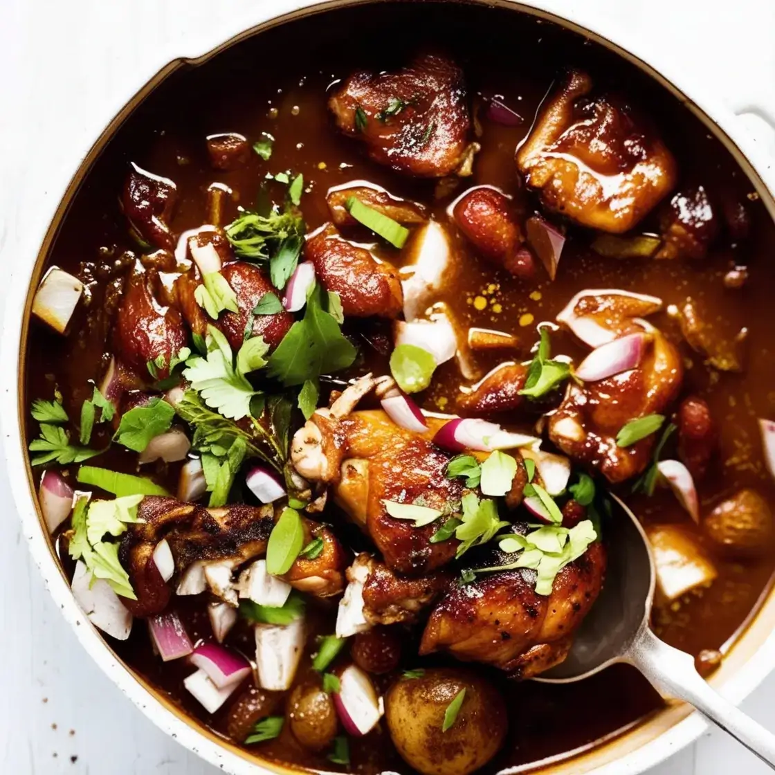 A flavorful pot of stew featuring tender pieces of chicken, vibrant radish slices, fresh herbs, potatoes, and beans in a rich, savory broth.