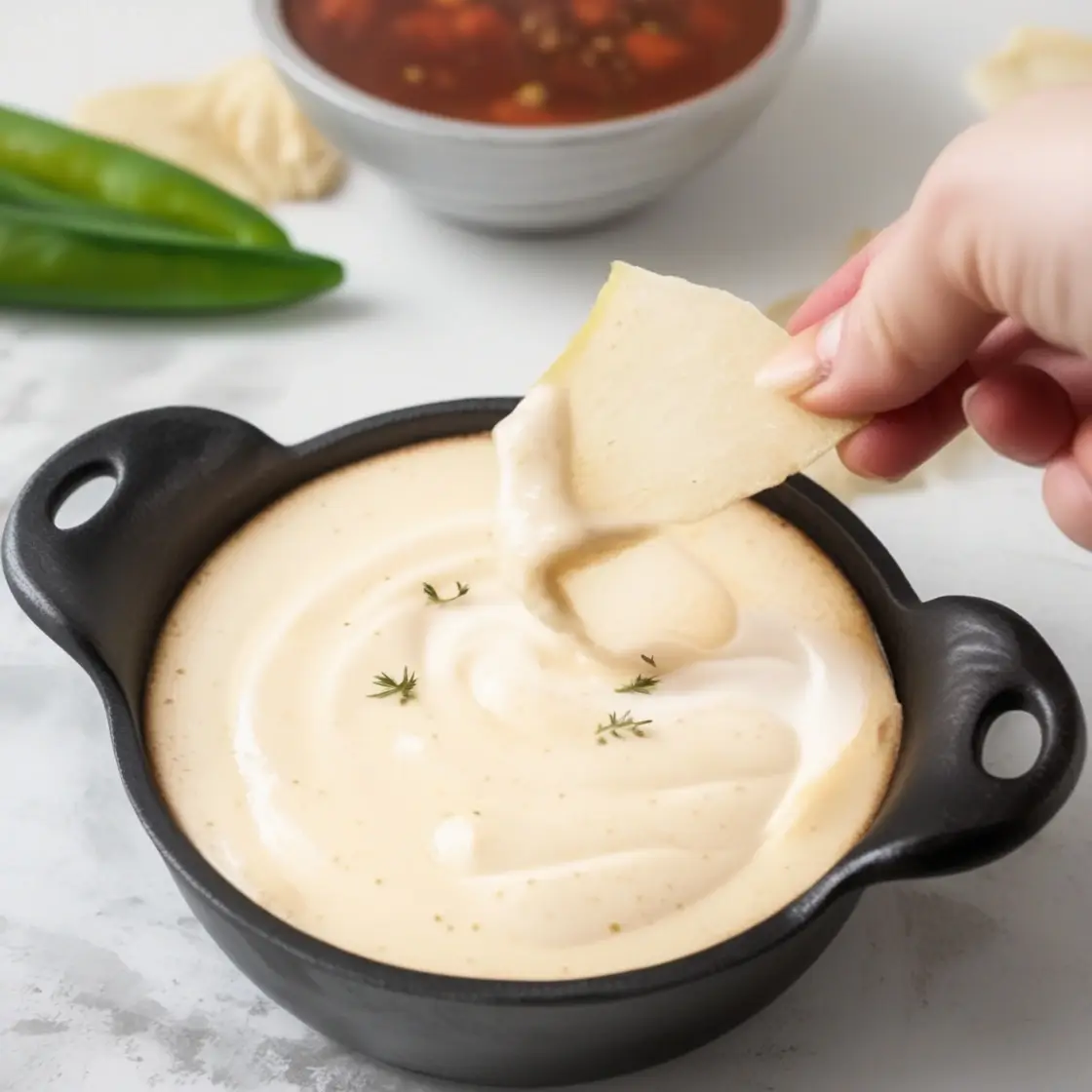 A creamy cheese dip in a black bowl, garnished with herbs, with a hand dipping a tortilla chip into it. A bowl of salsa and fresh green jalapeños are visible in the background on a light marble surface.