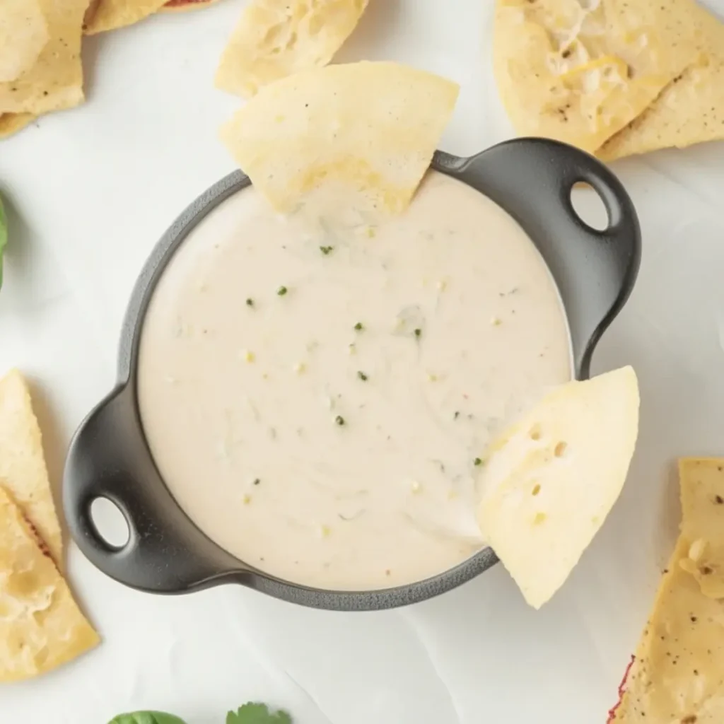 A bowl of creamy white queso dip in a black serving dish, garnished with fresh herbs, surrounded by crispy tortilla chips on a white surface.