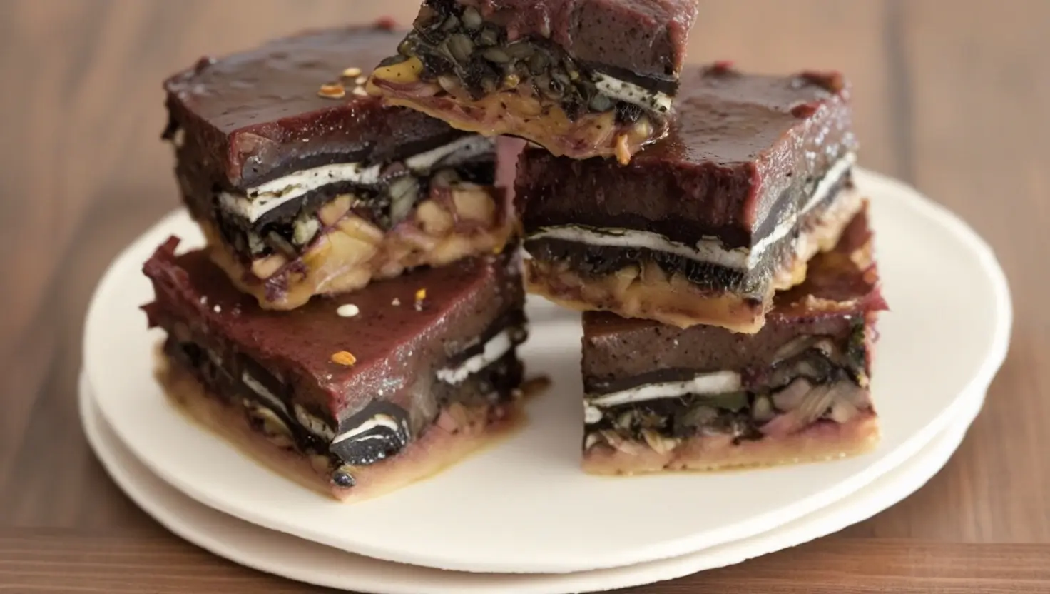 A close-up view of layered dessert bars featuring chocolate cookies, caramel, nuts, and a glossy berry-flavored topping, served on a white plate.