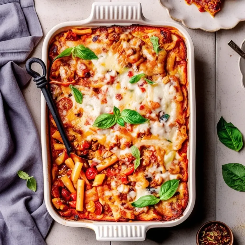 A freshly baked pasta dish in a white ceramic baking dish, topped with melted cheese, fresh basil leaves, and a hearty tomato-based sauce. A serving spoon is placed inside the dish, with a slice served on a plate in the background.