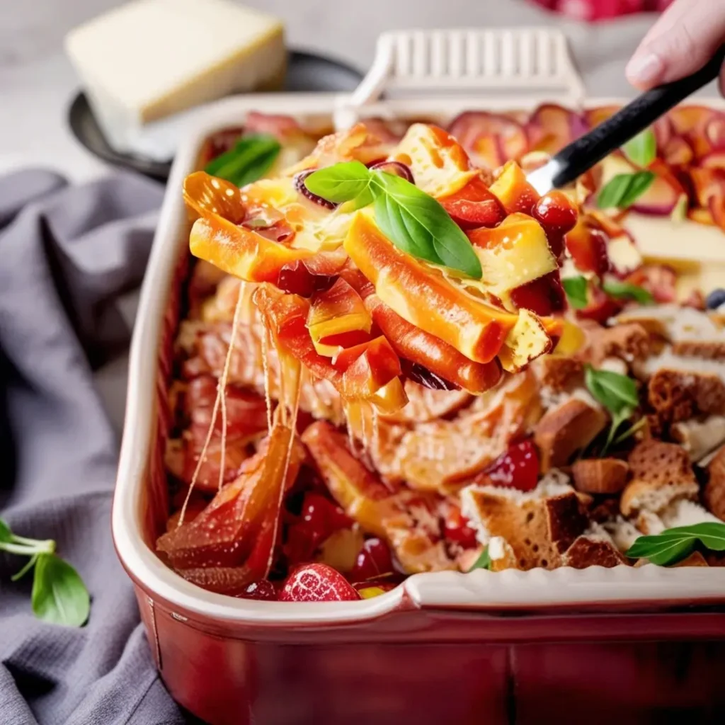 A close-up of a baked pasta dish being served from a red ceramic baking dish, featuring layers of pasta, melted cheese, fresh basil leaves, and vibrant tomato sauce. The background includes a block of cheese and fresh ingredients for a homely touch.