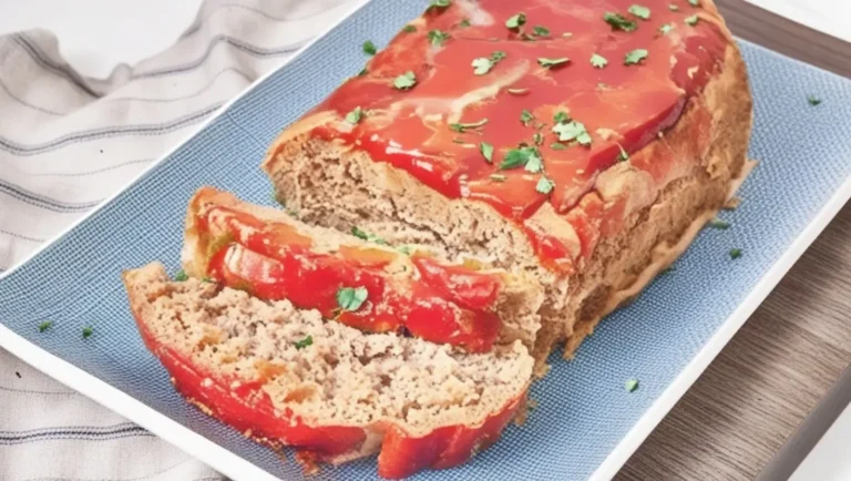 A vibrant close-up of a sliced meatloaf topped with a glossy tomato glaze and garnished with fresh parsley on a blue serving plate.