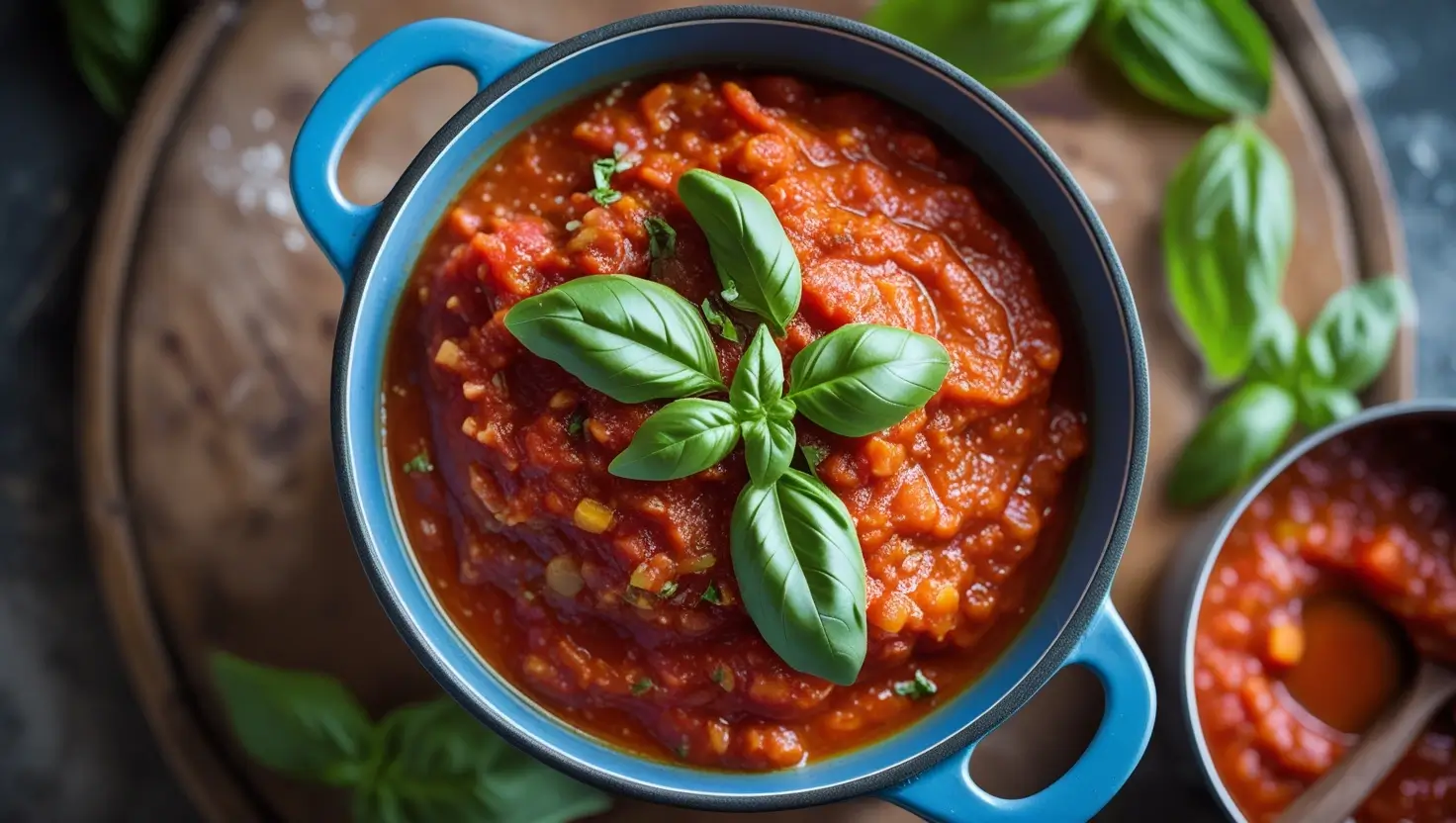 A vibrant bowl of homemade spaghetti sauce garnished with fresh basil leaves. The rich, thick red sauce sits in a blue pot, surrounded by fresh basil on a rustic wooden background.