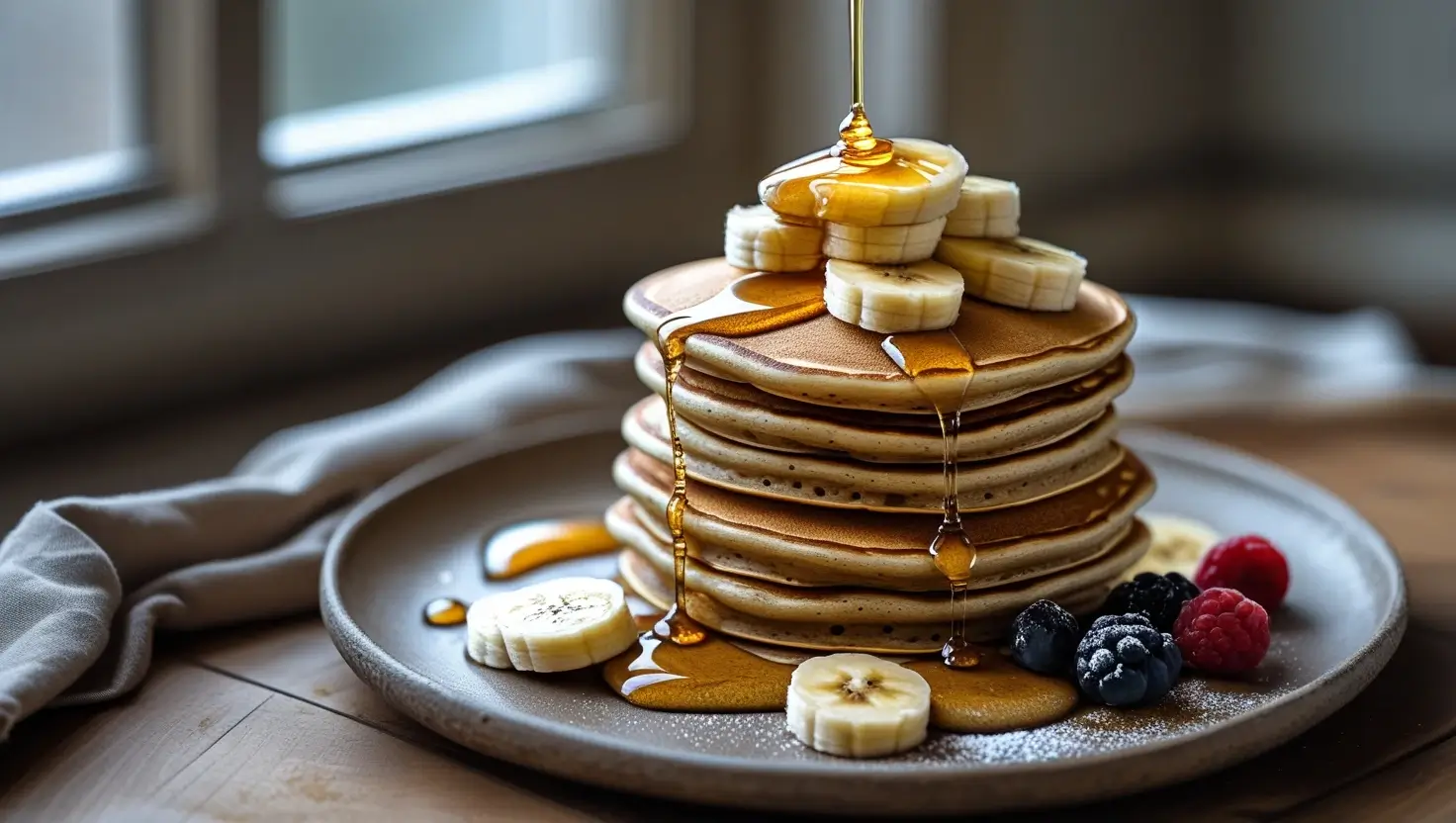 Fluffy banana protein pancakes stacked on a plate, topped with fresh banana slices, a drizzle of honey, and a sprinkle of protein powder.