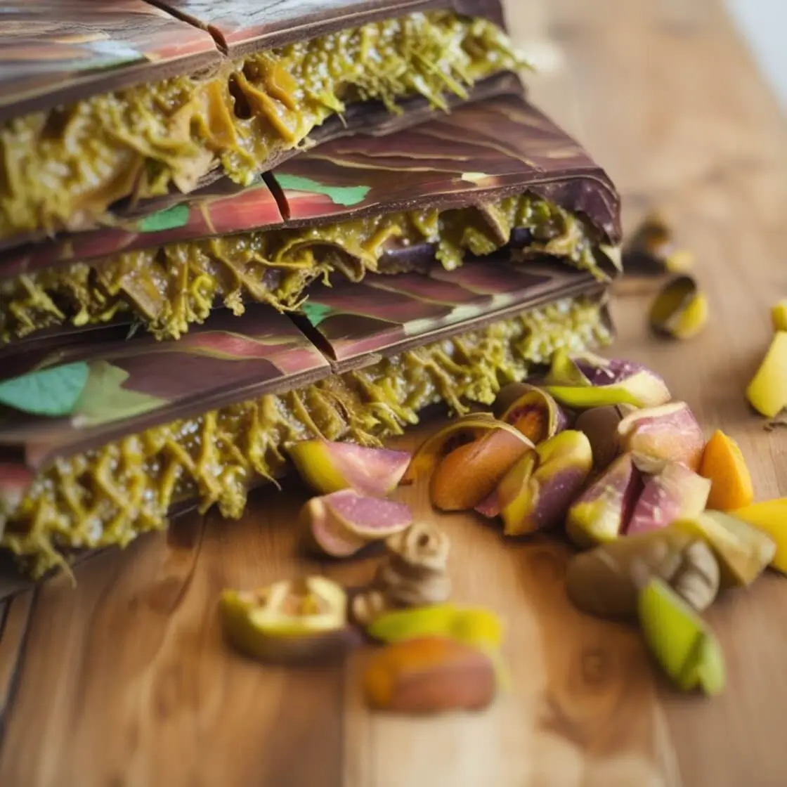 A stack of artisanal chocolate bars filled with a vibrant green pistachio or caramel-like filling, placed on a wooden surface with colorful, sliced fruit pieces scattered around for a rustic and creative presentation