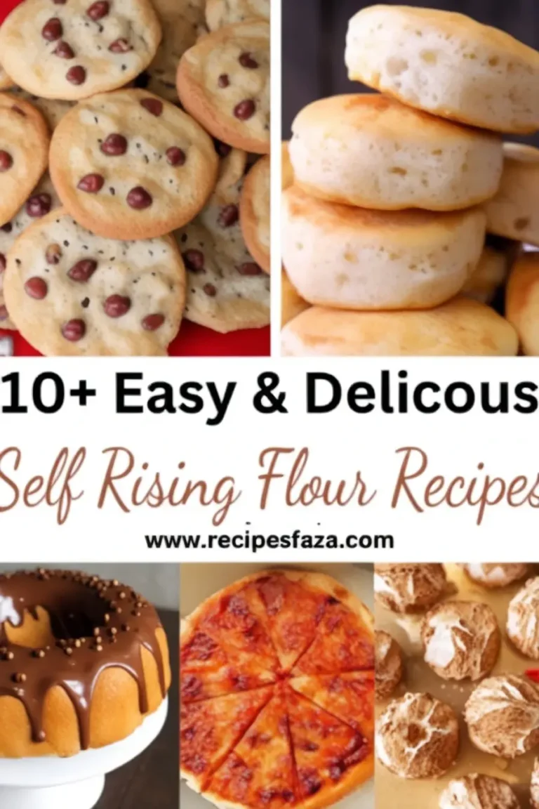 A collage of baked goods featuring cookies with chocolate chips, fluffy biscuits, a chocolate-glazed bundt cake, a cheese pizza, and round cookies dusted with powdered sugar, accompanied by text promoting "10+ Easy & Delicious Self-Rising Flour Recipes" from recipesfaza.com