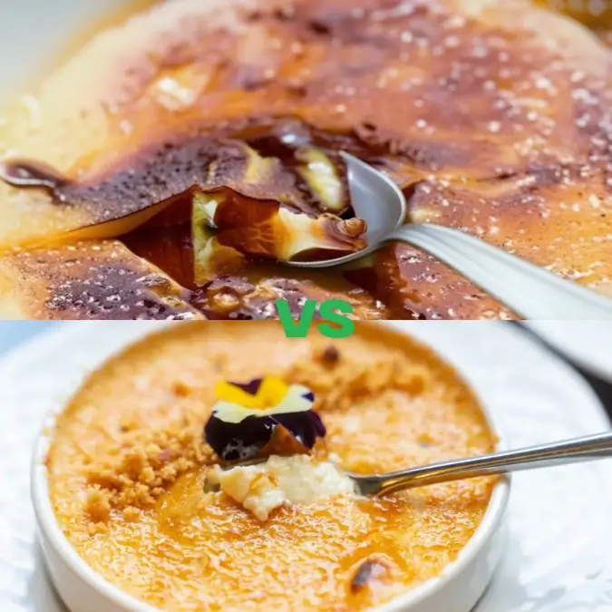 Side-by-side comparison of classic crème brûlée with a caramelized sugar crust and a savory crab brûlée topped with garnish