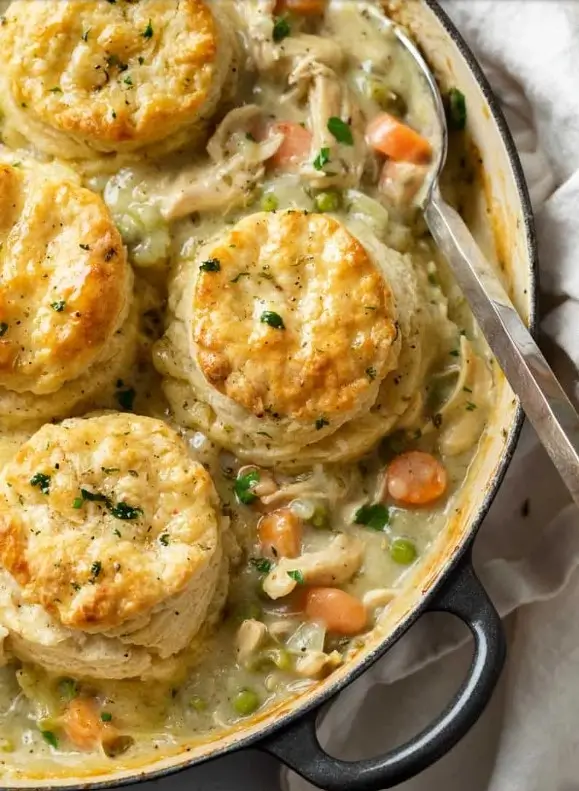 Chicken pot pie with biscuits